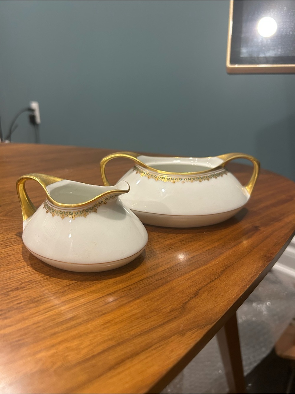 Elegant White and Gold Porcelain Creamer and Sugar Set